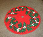Vintage Hand-Crafted Hooked Rug HOLLY Berry Christmas Tree Skirt -36" Diameter