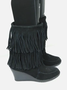 Minnetonka Stiefel Damen 10 Fransen halbhoher Keilabsatz Stiefel schwarz Wildleder seitlicher Reißverschluss - Bild 1 von 10