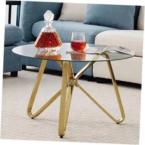 Coffee Table with Round Tempered Glass Top, 29.5" Metal Accent Table for  - Picture 1 of 7
