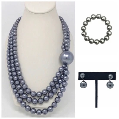 Juego de 3 piezas de collar pulsera y pendientes de acrílico gris plata Foto 1 de 4