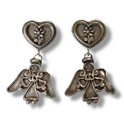 925 Silver Angel Heart Earrings Women’s Dangle Drop 3D Posts Solid Gift READ - Изображение 1 из 4