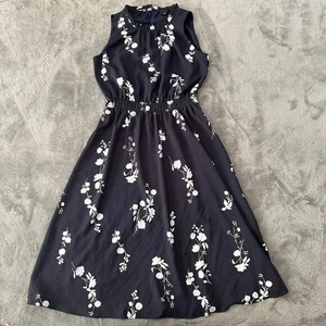 Abito midi svasato senza maniche Ann Taylor blu navy floreale raccolto donna XS - Foto 1 di 7