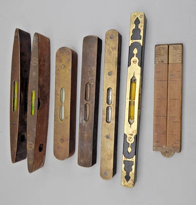 #B Vintage Spirit Level Lot – Brass, Wood & Metal & Folding Ruler - Image 1 of 4