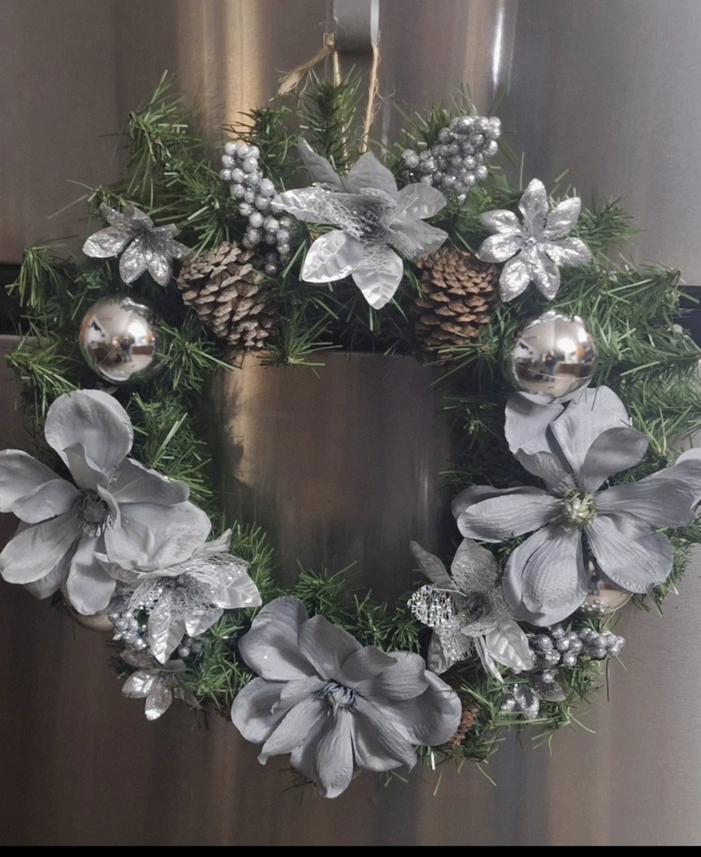 CHRISTMAS WREATH 21" W/GRAYISH BLUE & SILVER FLORAL SILVER BALL ACCENT PINECONES - Image 1 of 4