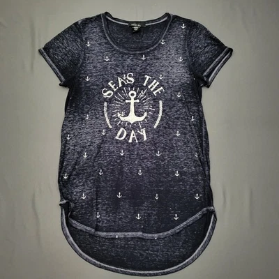 Camisa Sable Sky feminina grande L manga curta pulôver Seas The Day âncoras azul - Imagem 1 de 4