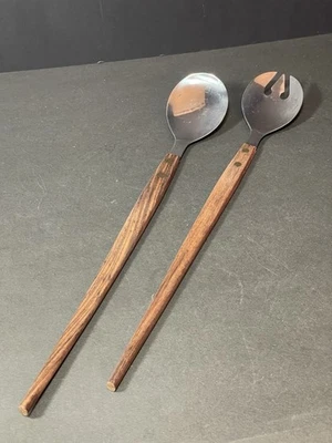 Vintage MCM Salad Serving Set Spoon Fork Stainless Steel Teak Wood Handle Japan - Image 1 of 4