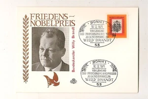 BRD Ansichtskarte  PK. Friedens Nobelpreis Willy Brandt 10.12.1971 Mi. Nr. 658 - Bild 1 von 1