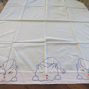 2 Antique Baby Crib Sheets 1940s Embroidered Kittens Cats Nursery Decor Handmade