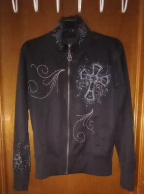 Chaqueta Monarchy Distressed Manga Larga Para Hombre Pequeña Negra Bordada Cruz Cremallera Foto 1 de 4