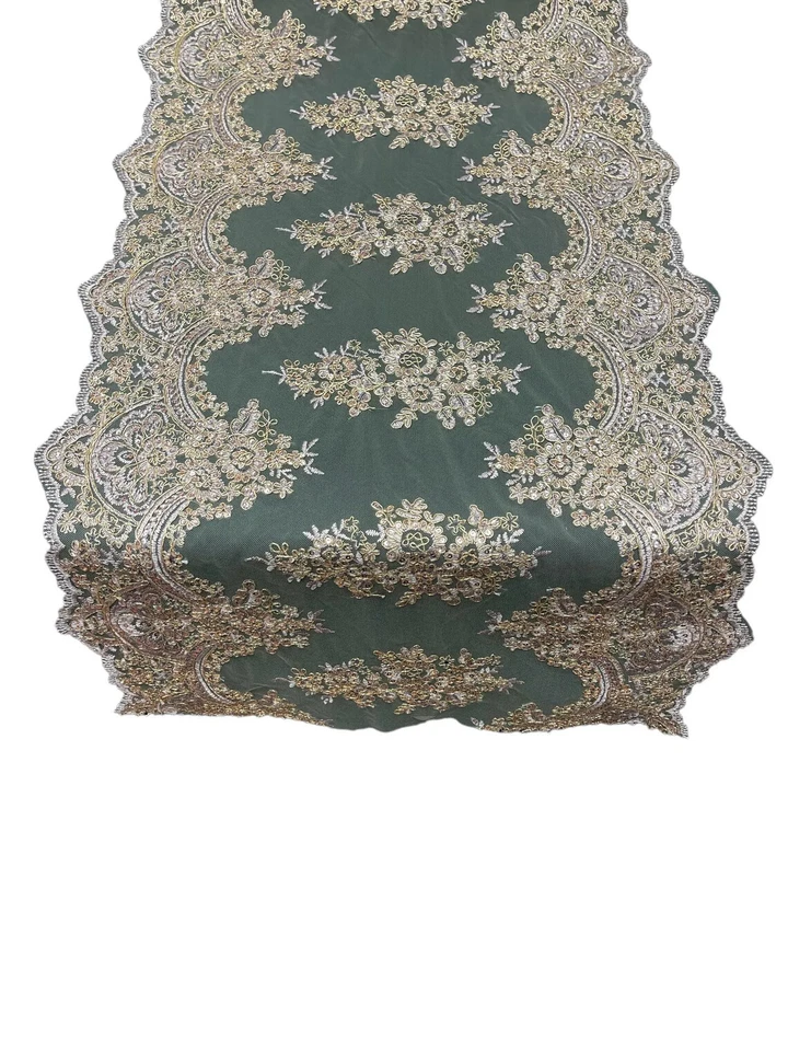21" Wide Floral Metallic Pattern Lace Table Runner for Event Decor By Yard - Image 1 of 1