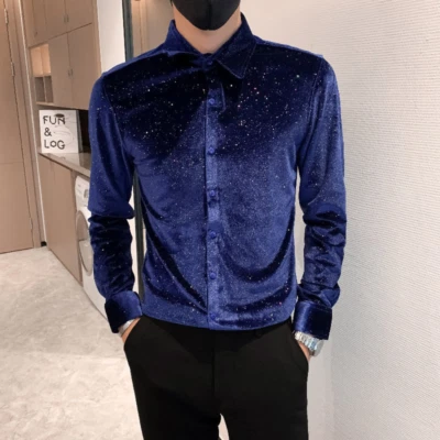 Mens Glitter Velvet Blouse Shirt Top Pleuche Slim Long Sleeve Fashion Costume - Image 1 of 4