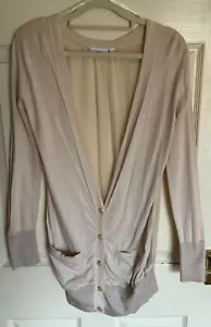 New Look 14 Deep V-Neck Cardigan Sheer Silk Back Metallic Cuff Oatmeal - NWOT - Picture 1 of 18