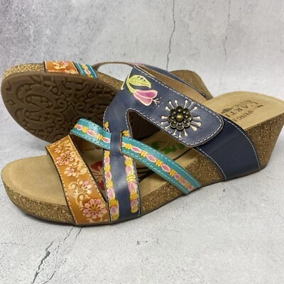 Spring Step L'Artiste Swan Sandals Handpainted Leather Wedge Heel Boho 42/ 10.5 - Image 1 of 4