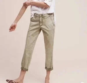 Anthropologie Chino Relaxed Femme 29 Vert Olive Kaki Acide Lavage Cheville Cropped - Photo 1/9