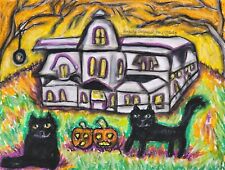 BLACK CAT HAUNTED HOUSE 8 x 10 Halloween Art Print Signed Artist KSams Gothic