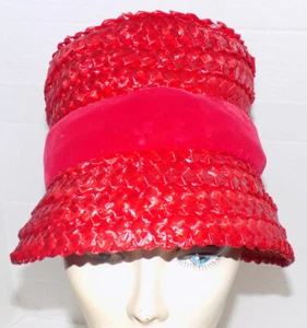Vintage 50s 60s Red Woven Straw Bucket Hat Betmar Velvet Ribbon - Picture 1 of 6