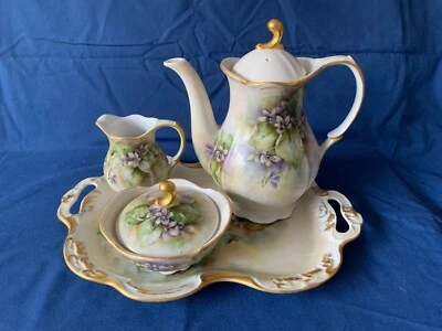 Motivo violeta pintado a mano bávaro vintage - crema, azucarero con tapa, olla, bandeja Foto 1 de 4