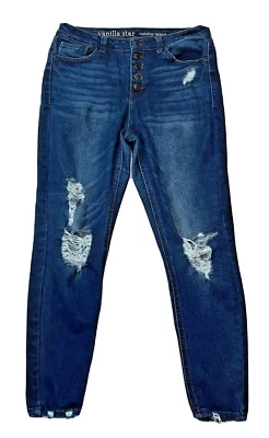 Pantalones de mezclilla para mujer Vanilla Star tiro alto ajustados con botones azules talla 7/28 desgastados Foto 1 de 4