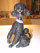 Vintage Atlantic Mold Large 10" Ceramic Black Poodle Figurine w/ Purple Collar