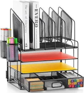 Desk Organizer with Drawer, 4-Tier Mesh Desk File Organizer with 5 Vertical File - Picture 1 of 7