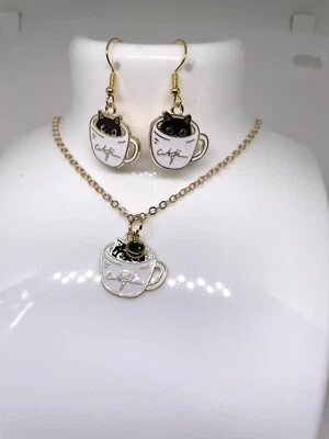 Conjunto de joyas esmaltadas gato negro taza de café Halloween gato loco dama gato negro Foto 1 de 4