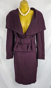 LK Bennett UK10 2PC Jacket Skirt Set Suit Mother of Bride Purple Wool Mix Belted - Picture 1 of 16