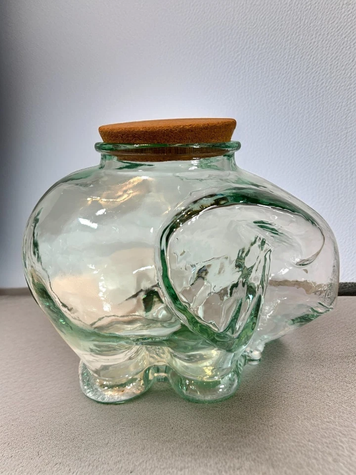 Large Green Glass Elephant Jar With Cork Lid  Decorative Storage Or Collectible - Image 1 of 4