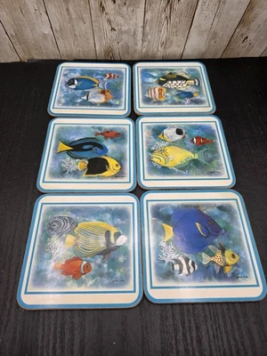 Винтажные подставки Pimpernel 6 с пробковой подкладкой Maria Ryan пляжный домик с тропическими рыбками море  - Изображение 1 из 2