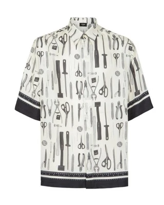 FENDI Men’s Silk Printed Black And White Tools Shirt 40/L $1445 - Image 1 of 4