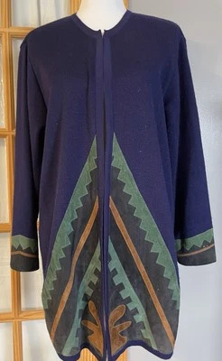 Cárdigan de los años 80 azteca de gamuza mezcla de cuero para mujer 2XL azul marino frente abierto carrera clásica Foto 1 de 4