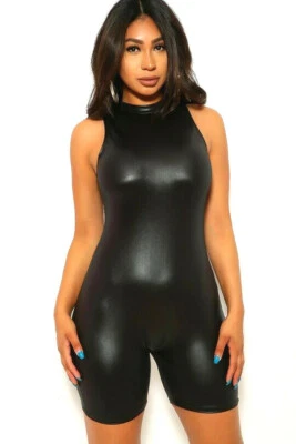 Sexy Mameluco Imitación Cuero Elástico Para Mujer Negro Sin Mangas Caliente Fiesta Noche Conjunto Foto 1 de 4