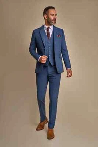 Mens Cavani Canegi tweed Blue Check 3 Piece Tailored Fit Wedding Fashion Suit - Picture 1 of 6
