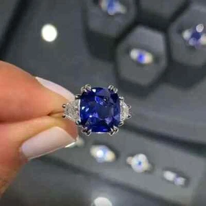 2Ct Cushion Cut Lab Created Blue Tanzanite Engagement Ring 14K White Gold Plated - Picture 1 of 5