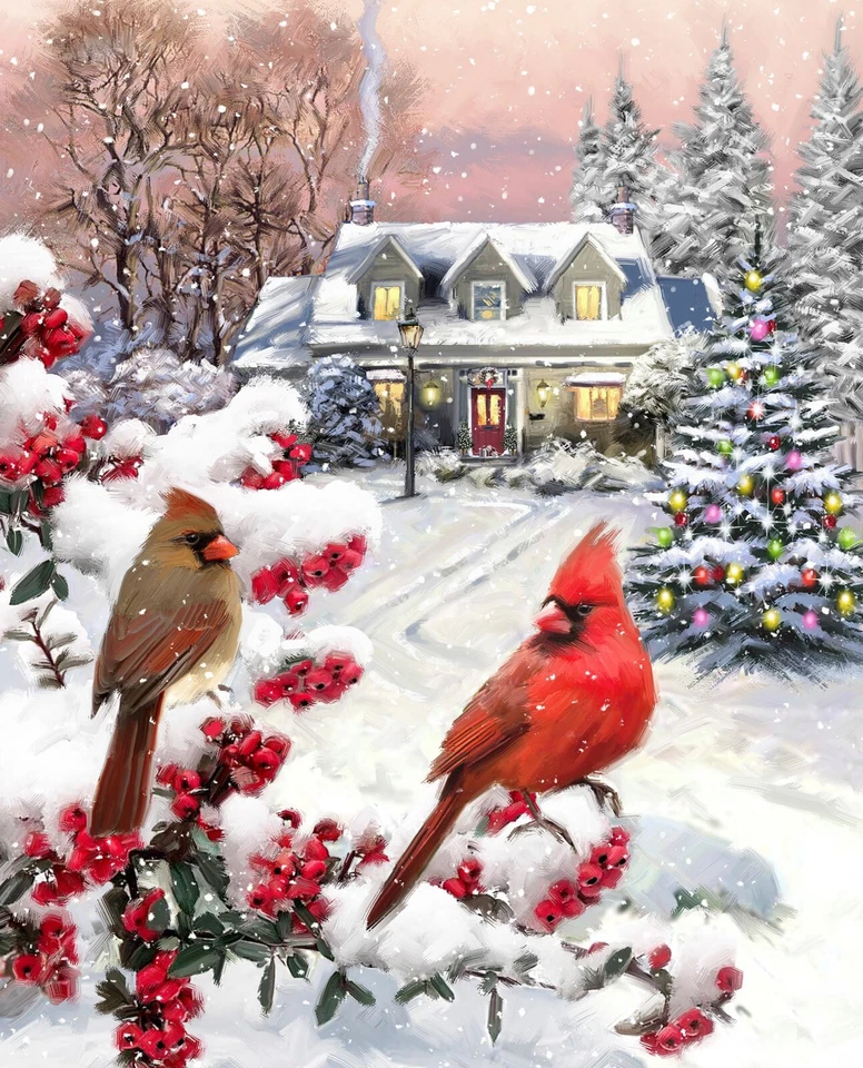 Christmas Cardinal Pair Fabric House Bird Holiday Digital Cotton David 35" Panel - Image 1 of 1