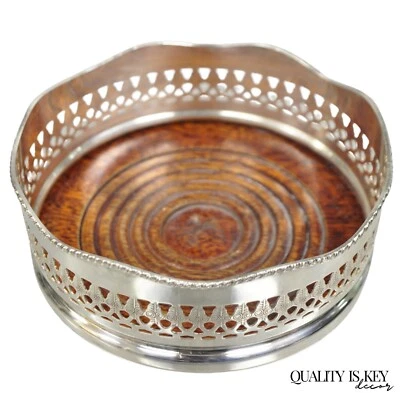 Vintage Sheffield Edwardian Silver Plated Fretwork Mahogany Wine Bottle Coaster Foto 1 de 4