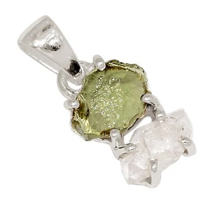Natural Genuine Czech Moldavite & Herkimer Diamond 925 Silver Pendant ALLP-30402 - Picture 1 of 1