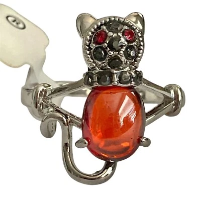 Vintage Kitty Cat Ring Size 8 Black Marcasite Crystal Rhodium Plated Red Belly - Image 1 of 4