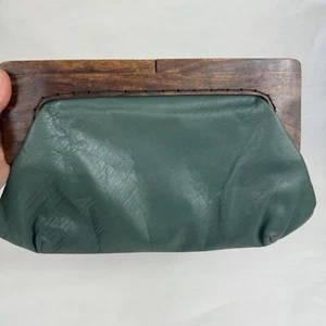 Elk Green Genuine Leather Small Clutch Purse W/ Wooden Closure Pristine Inside - Picture 1 of 24