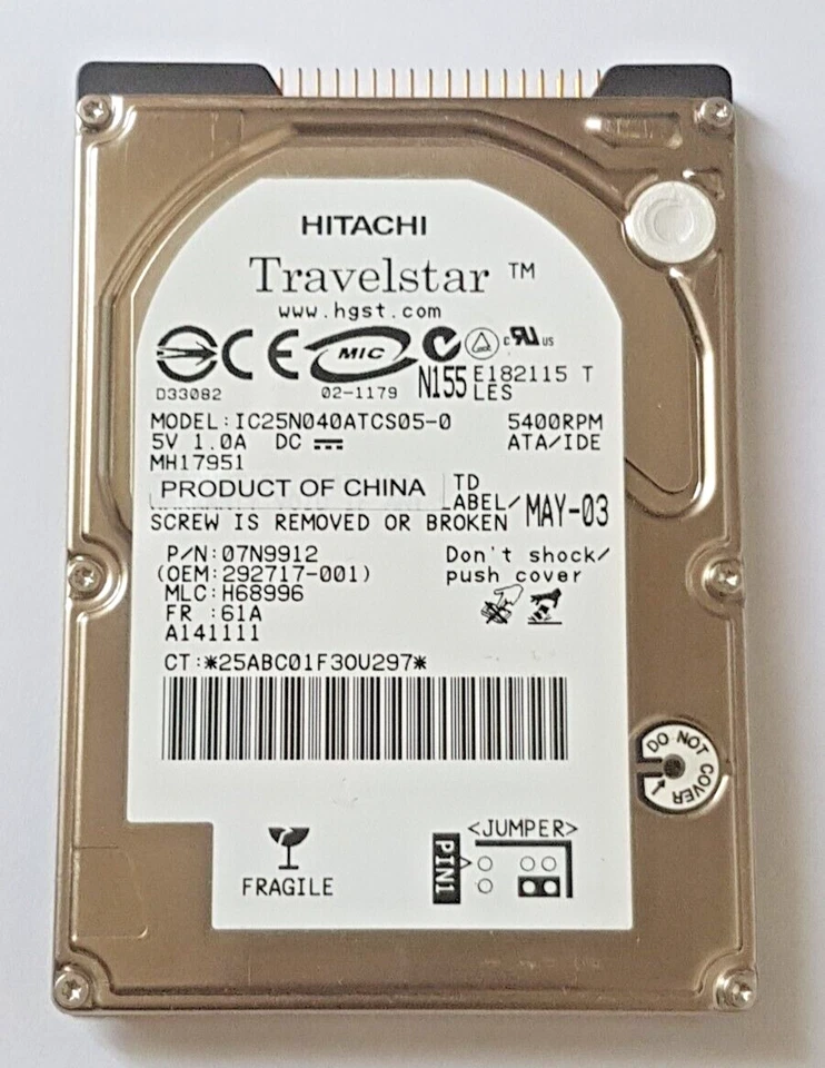 40 GB Ide Hitachi Travelstar IC25N040ATCS05-0 P-Ata 5400RPM 8MB 2.5 " Hard Drive - Image 1 of 1