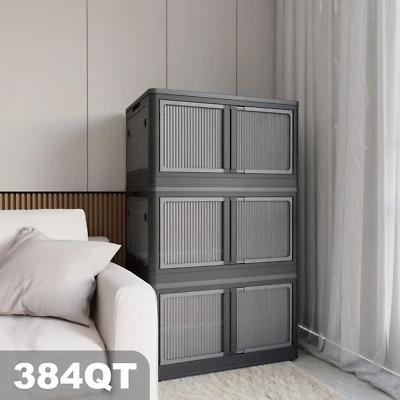 Paquete de 3 contenedores de almacenamiento apilables transparentes plegables grandes armario organizadores caja  Foto 1 de 4