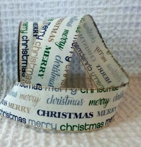 Wired Ribbon MERRY CHRISTMAS 2.5 Wide 5 Yard Holiday Theme Blue Green Gold Font - Imagen 1 de 5