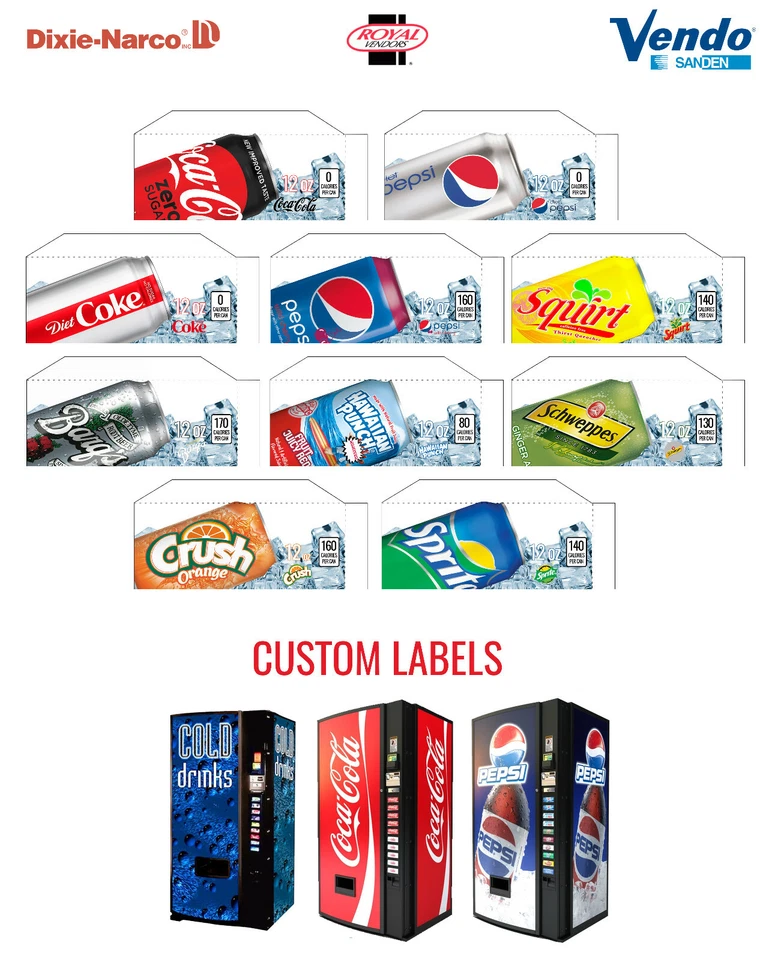 DIXIE NARCO, VENDO, ROYAL VENDORS, USI & FSI (10) SODA VENDING MACHINE 12 oz "CAN" Vend Labels (Flavor Strip) -VARIETY PACK