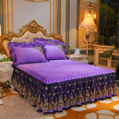 Europa Encaje Terciopelo Cama Falda Suave Colcha Queen King Acolchada Almohada Falsa 3 piezas Foto 1 de 4