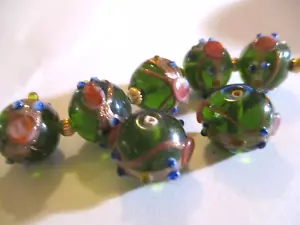 12 Peridot Green 16x15 mm Wedding Cake Lampwork Gold Trimmed Glass Beads VN32 - Picture 1 of 3