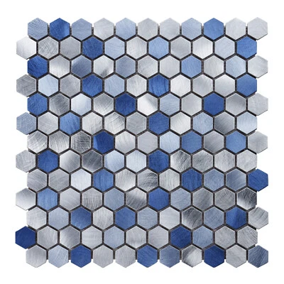 Salpicadero de pared de cocina azulejo de mosaico hexagonal de aluminio metálico de mármol azul de 1" Foto 1 de 4