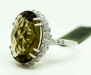 GENUINE 10.32 Cts SMOKY TOPAZ & DIAMONDS RING 10k WHITE GOLD * NWT - Picture 1 of 4