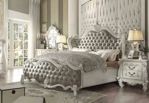 NEW 5 piece Antique White & Tufted Gray Faux Leather Queen King Bedroom Set IAA6 - Picture 1 of 4