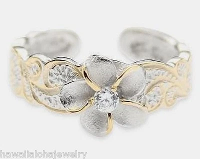 ANEL BIQUEIRA PRINCESA PLUMERIA HAVAIANA FOLHEADO A OURO AMARELO RÓDIO PRATA 925 - Imagem 1 de 2