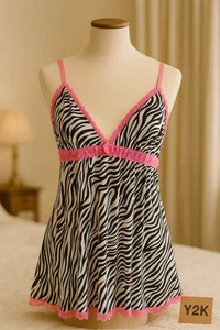 Y2K Zebra Babydoll Lingerie XL Pink Lace Trim Adjustable Straps Stretchy - Picture 1 of 6