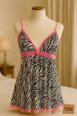 Y2K Zebra Babydoll Lingerie XL Acabamento de Renda Rosa Alças Ajustáveis Elásticas - Imagem 1 de 4
